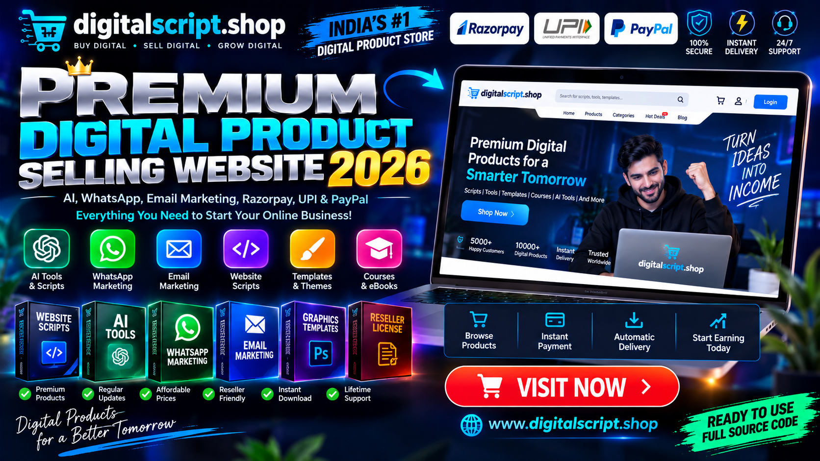 Premium Digital Product Selling Website 2026 | Al, WhatsApp, Email Marketing, Razorpay, UPI & PayPal